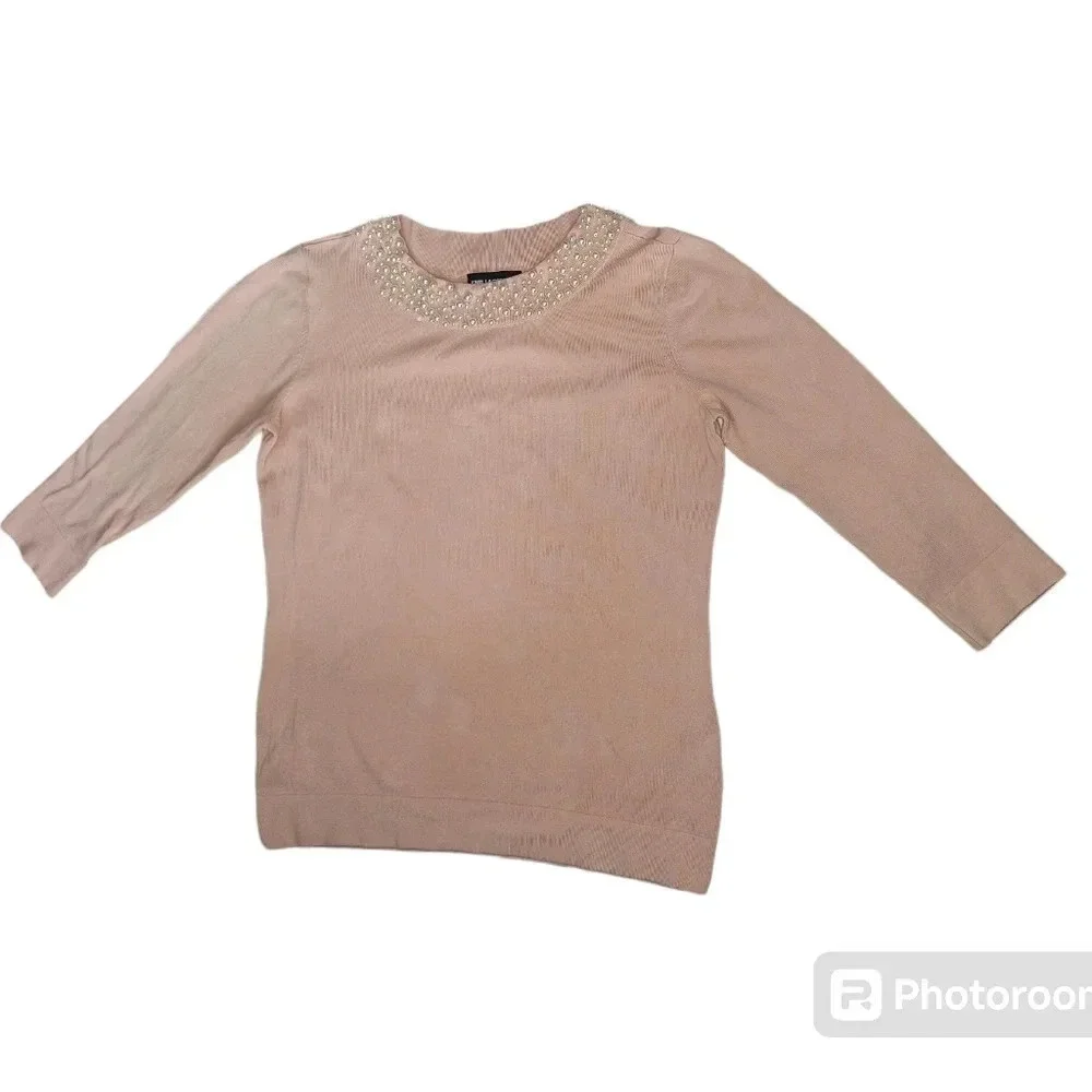Karl Lagerfeld Paris Faux Pearl Neck Pale Pink  Lightweight Pullover Sweater, M - Picture 9 of 11